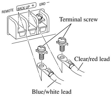 REMOTE BACK UP + GND - Terminal screw Clear/red lead Blue/white lead