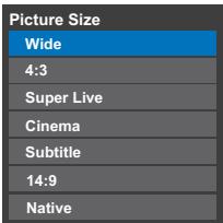 Picture Size Wide 4:3 Super Live Cinema Subtitle 14:9 Native