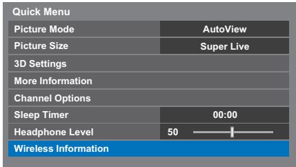 Quick Menu Picture Mode AutoView Picture Size Super Live 3D Settings More Information Channel Options Sleep Timer 00:00 Headphone Level 50 Wireless Information