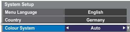 System Setup Menu Language English Country Germany Colour System Auto
