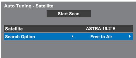 Auto Tuning - Satellite Start Scan Satellite ASTRA 19.2°E Search Option ← Free to Air ►