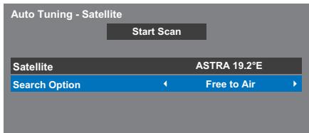 Auto Tuning - Satellite Start Scan Satellite ASTRA 19.2°E Search Option ← Free to Air ►