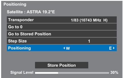 Positioning Satellite : ASTRA 19.2°E Transponder 1/83 (10743 MHz H) Go to 0 Go to Stored Position Step Size 1 Positioning < W E > Store Position Signal Level 30%
