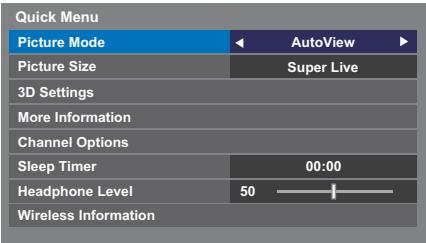 Quick Menu Picture Mode < AutoView ▶ Picture Size Super Live 3D Settings More Information Channel Options Sleep Timer 00:00 Headphone Level 50 Wireless Information