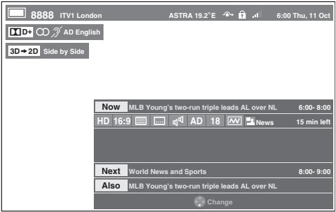 8888 ITV1 London ASTRA 19.2° E 6:00 Thu, 11 Oct D4 AD English 3D→2D Side by Side Now MLB Young's two-run triple leads AL over NL 6:00- 8:00 HD 16:9 AD 18 News 15 min left Next World News and Sports 8:00- 9:00 Also MLB Young's two-run triple leads AL over NL Change