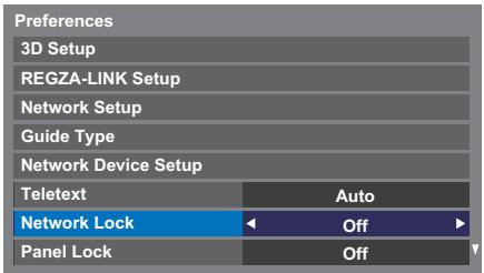 Preferences 3D Setup REGZA-LINK Setup Network Setup Guide Type Network Device Setup Teletext Auto Network Lock Off Panel Lock Off