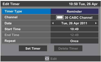 Edit Timer 10:50 Tue, 26 Apr Timer Type Reminder Channel 30 CABC Channel Date Tue, 26 Apr 2011 Start Time 10:49 End Time 12:49 Repeat Once Set Timer Delete Timer Edit