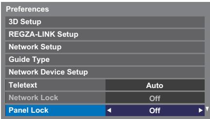 Preferences 3D Setup REGZA-LINK Setup Network Setup Guide Type Network Device Setup Teletext Auto Network Lock Off Panel Lock Off