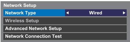 Network Setup Network Type Wired Wireless Setup Advanced Network Setup Network Connection Test