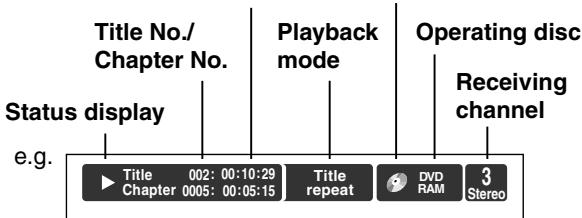 Title No./ Chapter No. Playback mode Operating disc Receiving channel Status display e.g. Title 002: 00:10:29 Chapter 0005: 00:05:15 Title repeat DVD RAM 3 Stereo