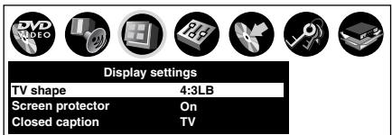 DVD VIDEO Display settings TV shape 4:3LB Screen protector On Closed caption TV