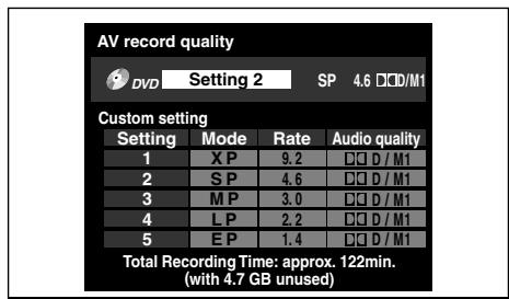 AV record quality DVD Setting 2 SP 4.6 D/D/M1 Custom setting Setting Mode Rate Audio quality 1 XP 9.2 D/D / M1 2 SP 4.6 D/D / M1 3 MP 3.0 D/D / M1 4 LP 2.2 D/D / M1 5 EP 1.4 D/D / M1 Total Recording Time: approx. 122min. (with 4.7 GB unused)