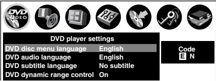 DVD player settings DVD disc menu language English DVD audio language English DVD subtitle language No subtitle DVD dynamic range control On Code E N