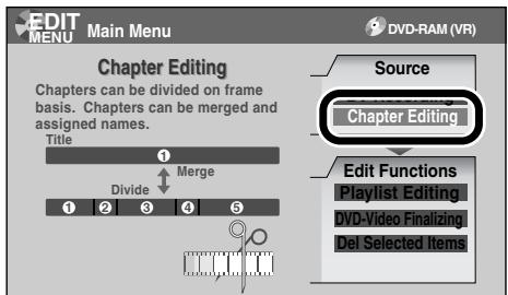 EDIT MENU Main Menu Chapter Editing Chapters can be divided on frame basis. Chapters can be merged and assigned names. Title 1 Merge Divide 1 2 3 4 5 Source Chapter Editing Edit Functions Playlist Editing DVD-Video Finalizing Del Selected Items