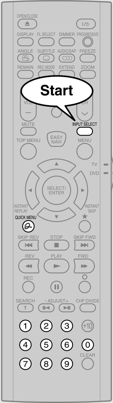 OPEN/CLOSE DISPLAY FL SELECT DIMMER PROGRESSIVE ANGLE SUBTITLE AUDIO/SAP FREEZE REMAIN REC MODE EXTEND ZOOM MUTE TOP MENU EASY MENU INPUT SELECT TV DVD SELECT/ ENTER INSTANT REPLAY QUICK MENU SKIP REV STOP SKIP FWD REV PLAY FWD REC SEARCH - ADJUST+ CHP DIVIDE T ① ② ③ +10 ④ ⑤ ⑥ ⑦ ⑧ ⑨ CLEAR