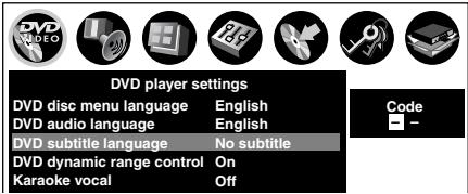 DVD player settings DVD disc menu language English DVD audio language English DVD subtitle language No subtitle DVD dynamic range control On Karaoke vocal Off