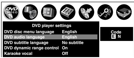 DVD player settings DVD disc menu language English DVD audio language English DVD subtitle language No subtitle DVD dynamic range control On Karaoke vocal Off Code E N