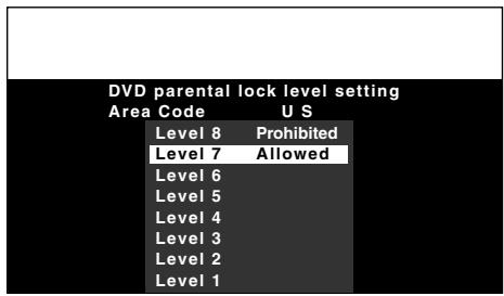 DVD parental lock level setting Area Code U S Level 8 Prohibited Level 7 Allowed Level 6 Level 5 Level 4 Level 3 Level 2 Level 1