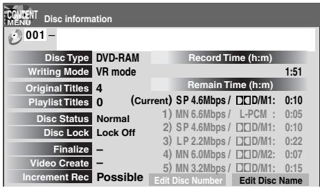 TOSHIBA RD-XS34 - 1) From Quick Menu, select "Disc information" by ▲ / ▼ then press ENTER. - 1