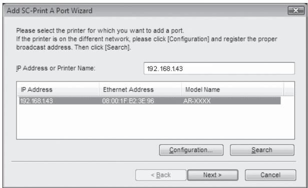 SHARP R-D - The printer or printers connected to the network will be detected. Click the printer to be configured (the machine) and click the "Next" button. - 1