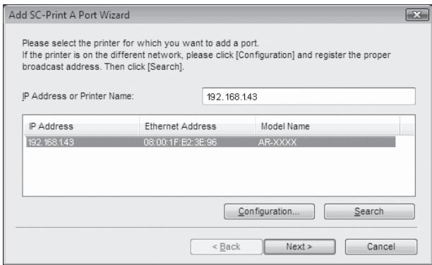 SHARP R-D - The printer or printers connected to the network will be detected. Click the printer to be configured (the machine) and click the "Next" button. - 1