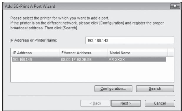 SHARP R-N - The printer or printers connected to the network will be detected. Click the printer to be configured (the machine) and click the "Next" button. - 1