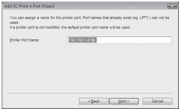 SHARP R-N - In the window for setting the destination print port name, make sure that":lp" appears at the end of the IP address and click the "Next" button. - 1