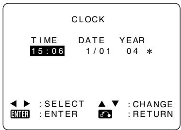 CLOCK TIME DATE YEAR 15:06 1/01 04 * ◄► : SELECT ▲▼ : CHANGE ENTER : ENTER 📷 : RETURN