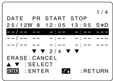 DATE PR START STOP 25/12W 8 12:05 13:05 S*D --/-- -- --:---:---:--- --/-- -- --:---:---:--- --/-- -- --:---:---:--- ▼ ▼ 2/4 ▼ ERASE: CANCEL ▲ ▼ :SELECT ENTER :ENTER :RETURN