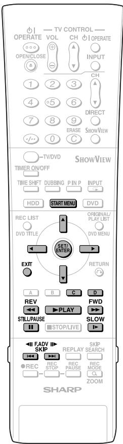 TV CONTROL OPERATE VOL CH OPERATE OPEN/CLOSE INPUT CH DIRECT ERASE SHOWVIEW TV/DVD SHOWVIEW TIMER ON/OFF TIME SHIFT DUBBING P IN P INPUT HDD START MENU DVD REC LIST ORIGINAL/ DVD TITLE PLAY LIST DVD MENU SET/ENTER EXIT RETURN A B C D REV FWD STILL/PAUSE SLOW STOP/LIVE FADV SKIP REPLAY SKIP REC STOP RECAUPE REC MODE ZOOM SHARP