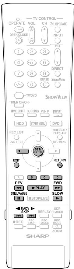 TV CONTROL OPERATE VOL CH OPERATE OPEN/CLOSE INPUT CH DIRECT ERASE SHOWVIEW TV/DVD TIME ON/OFF TIME SHIFT DUBBING P IN P INPUT HDD START MENU DVD REC LIST ORIGINAL/ PLAY LIST DVD TITLE DVD MENU SET/ENTER EXIT RETURN A B C D REV FWD STILL/PAUSE SLOW STOP/LIVE II FADV SKIP REPLAY SKIP REC STOP RECAE MODE ZOOM SHARP