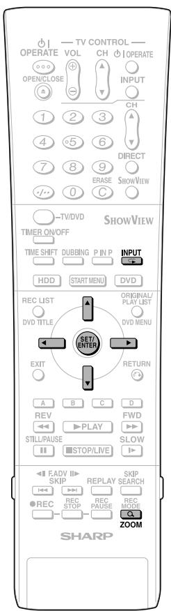 TV CONTROL OPERATE VOL CH OPERATE OPEN/CLOSE INPUT CH DIRECT ERASE SHOWVIEW 0 C TV/DVD SHOWVIEW TIMER ON/OFF TIME SHIFT DUBBING P IN P INPUT HDD START MENU DVD REC LIST ORIGINAL/ PLAY LIST DVD TITLE PLAY LIST SET/ENTER DVD MENU EXIT RETURN A B C D REV FWD STILL/PAUSE SLOW STOP/LIVE FADV II SKIP REPLAY SKIP REC STOP PAUSE REC MODE SHARP ZOOM