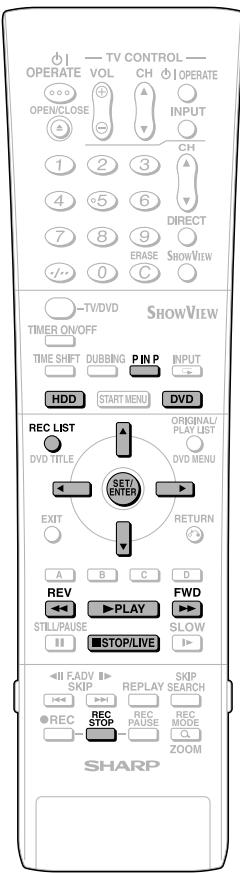 TV CONTROL OPERATE VOL CH OPERATE OPEN/CLOSE INPUT CH DIRECT ERASE SHOWVIEW -TV/DVD SHOWVIEW TIMER ON/OFF TIME SHIFT DUBBING P IN P INPUT HDD START MENU DVD REC LIST ORIGINAL/ PLAY LIST DVD TITLE DVD MENU SET/ENTER EXIT RETURN A B C D REV FWD STILL/PAUSE SLOW STOP/LIVE II FADV SKIP REPLAY SKIP REC STOP RECA RECA RECA MODE Q ZOOM SHARP