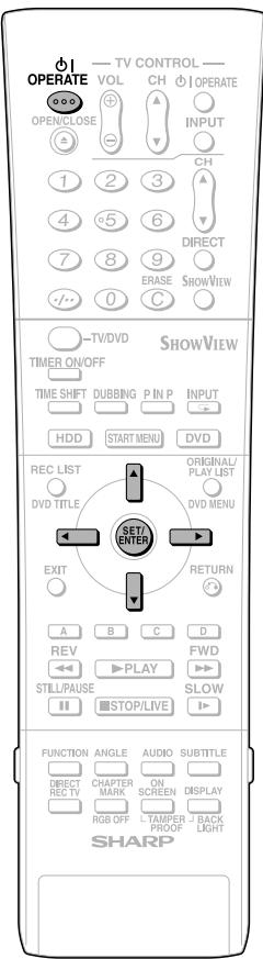 OPERATE TV CONTROL VOL CH OPERATE OPEN/CLOSE INPUT CH 1 2 3 4 5 6 DIRECT 7 8 9 ERASE SHOWVIEW -/-- 0 C -TV/DVD SHOWVIEW TIMER ON/OFF TIME SHIFT DUBBING P IN P INPUT HDD START MENU DVD REC LIST ORIGINAL/ PLAY LIST DVD TITLE DVD MENU SET/ENTER EXIT RETURN A B C D REV FWD STILL/PAUSE STOP/LIVE SLOW FUNCTION ANGLE AUDIO SUBTITLE DIRECT CHAPTER ON SCREEN DISPLAY RECTV MARK RGB OFF TAMPER BACK PROOF LIGHT SHARP