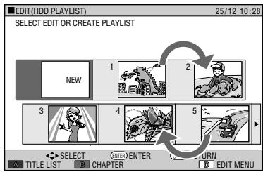EDIT(HDD PLAYLIST) 25/12 10:28 SELECT EDIT OR CREATE PLAYLIST NEW 1 2 3 4 5 SELECT ENTER ENTER RETURN TITLE LIST CHAPTER EDIT MENU