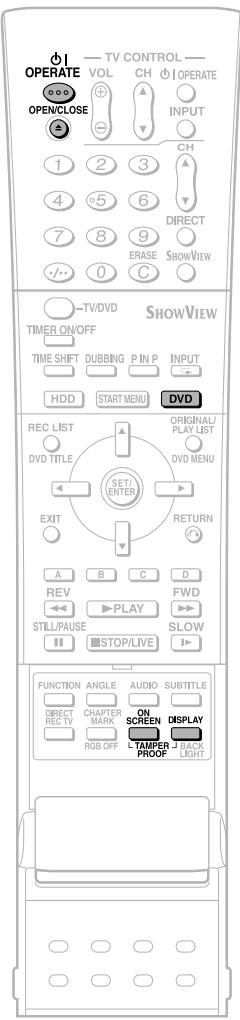 OPERATE OPEN/CLOSE TV CONTROL VOL CH OPERA INPUT CH DIRECT ERASE SHOWVIEW -TV/DVD TIME ON/OFF DUBBING P IN P INPUT HDD START MENU DVD REC LIST DVD TITLE SET/ ENTER ORIGINAL/ PLAY LIST DVD MENU EXIT RETURN A B C D REV PLAY FWD STILL/PAUSE STOP/LIVE SLOW FUNCTION ANGLE AUDIO SUBTITLE DIRECT CHAPTER MARK ON SCREEN DISPLAY RGB OFF L-TAMPER J-BACK PROOF LIGHT