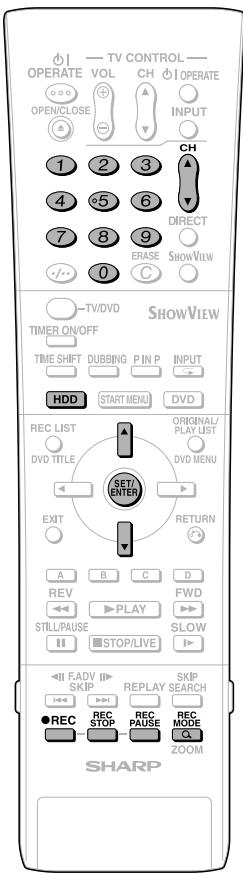 TV CONTROL OPERATE VOL CH OPERATE OPEN/CLOSE INPUT CH DIRECT ERASE SHOWVIEW TV/DVD SHOWVIEW TIMER ON/OFF TIME SHIFT DUBBING P IN P INPUT HDD START MENU DVD REC LIST ORIGINAL/ DVD TITLE PLAY LIST DVD MENU SET/ENTER EXIT RETURN A B C D REV FWD STILL/PUASE SLOW STOP/LIVE IIFADV II- SKIP REPLAY SKIP RECP MODE STOP PAUSE Q SHARP ZOOM
