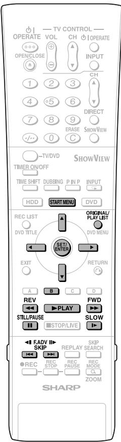 TV CONTROL OPERATE VOL CH OPERATE OPEN/CLOSE INPUT CH DIRECT ERASE SHOWVIEW TV/DVD SHOWVIEW TIMER ON/OFF TIME SHIFT DUBBING P IN P INPUT HDD START MENU DVD REC LIST ORIGINAL/ PLAY LIST DVD TITLE DVD MENU SET/ENTER EXIT RETURN A B C D REV FWD STILL/PAUSE STOP/LIVE SLOW FADV SKIP REPLAY SKIP REC STOP PAUSE MODE ZOOM SHARP