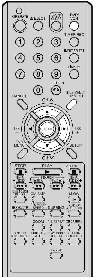 OPERATE ▲EJECT OPEN/ CLOSE DVD/ VCR TIMER REC 1 2 3 INPUT SELECT 4 5 6 DISPLAY 7 8 9 RETURN 0 TITLE MENU/ TOP MENU CANCEL CH TRK - ENTER TRK + DVD MENU SETUP CH▼ STOP PLAY PAUSE/STILL SKIP/ INDEX SEARCH REW FWD SKIP/ INDEX+ ONE TOUCH REPEAT CM SKIP + SLOW ●REC/OTR REC MODE/ SPEED DUBBING AUDIO/ AUDIO SELECT ZOOM A-B REPEAT ZERO RETURN ANGLE/ COUNTER RESET SUBTITLE/ ATR PLAY MODE/ REPEAT CLOCK/ COUNTER TV/VCR