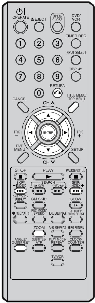 OPERATE EJECT OPEN/ CLOSE DVD/ VCR TIMER REC 1 2 3 INPUT SELECT 4 5 6 DISPLAY 7 8 9 RETURN 0 TITLE MENU/ TOP MENU CANCEL CH ENTER TRK - DVD MENU SETUP CH▼ STOP PLAY PAUSE/STILL SKIP/ INDEX SEARCH REW F.FWD SKIP/ INDEX+ ONE TOUCH REPEAT CM SKIP SLOW ●REC/OTR REC MODE/ SPEED DUBBING AUDIO/ AUDIO SELECT ZOOM A-B REPEAT ZERO RETURN ANGLE/ COUNTER RESET SUBTITLE/ ATR PLAY MODE/ REPEAT CLOCK/ COUNTER TV/VCR