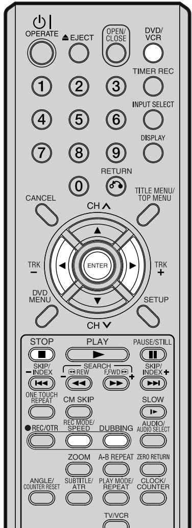 OPERATE ▲EJECT OPEN/ CLOSE DVD/ VCR TIMER REC 1 2 3 INPUT SELECT 4 5 6 DISPLAY 7 8 9 RETURN 0 TITLE MENU/ TOP MENU CANCEL CH ENTER TRK - DVD MENU SETUP CH▼ STOP PLAY PAUSE/STILL SKIP/ INDEX SEARCH SKIP/ INDEX+ ONE TOUCH REPEAT CM SKIP + SLOW ●REC/OTR REC MODE/ SPEED DUBBING AUDIO/ AUDIO SELECT ZOOM A-B REPEAT ZERO RETURN ANGLE/ COUNTER RESET SUBTITLE/ ATR PLAY MODE/ REPEAT CLOCK/ COUNTER TV/VCR