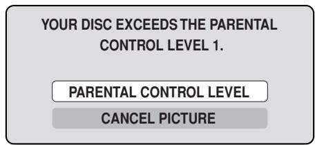 YOUR DISC EXCEEDS THE PARENTAL CONTROL LEVEL 1. PARENTAL CONTROL LEVEL CANCEL PICTURE