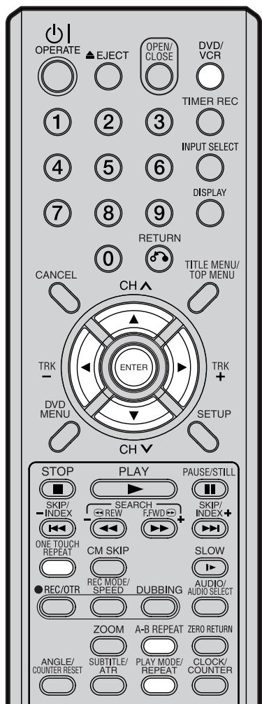 OPERATE EJECT OPEN/ CLOSE DVD/ VCR TIMER REC 1 2 3 INPUT SELECT 4 5 6 DISPLAY 7 8 9 RETURN 0 TITLE MENU/ TOP MENU CANCEL CH ^ TRK - ENTER TRK + DVD MENU SETUP CH▼ STOP PLAY PAUSE/STILL SKIP/ INDEX SEARCH SKIP/ INDEX+ ONE TOUCH REPEAT CM SKIP SLOW REC/OTR REC MODE/ SPEED DUBBING AUDIO/ AUDIO SELECT ZOOM A-B REPEAT ZERO RETURN ANGLE/ COUNTER RESET SUBTITLE/ ATR PLAY MODE/ REPEAT CLOCK/ COUNTER
