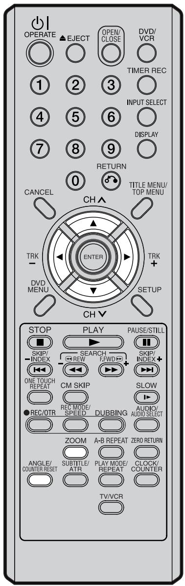 OPERATE ▲EJECT OPEN/ CLOSE DVD/VCR 1 2 3 TIMER REC 4 5 6 INPUT SELECT 7 8 9 DISPLAY RETURN 0 TITLE MENU/TOP MENU CANCEL CH▲ TRK ENTER TRK + DVD MENU SETUP CH▼ STOP PLAY PAUSE/STILL SKIP/ INDEX SEARCH SKIP/ - INDEX REW F.WFD + ONE TOUCH REPEAT CM SKIP SLOW ● REC/OTR REC MODE/ SPEED DUBBING AUDIO/ AUDIO/AUDIO SELECT ZOOM A-B REPEAT ZERO RETURN ANGLE/COUNTER RESET SUBTITLE/ ATR PLAY MODE/ REPEAT CLOCK/ COUNTER TV/VCR