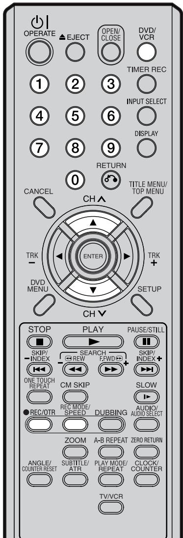 OPERATE EJECT OPEN/ CLOSE DVD/ VCR TIMER REC 1 2 3 INPUT SELECT 4 5 6 DISPLAY 7 8 9 RETURN 0 TITLE MENU/ TOP MENU CANCEL CH TRK - ENTER TRK + DVD MENU SETUP CH▼ STOP PLAY PAUSE/STILL SKIP/ INDEX SEARCH SKIP/ INDEX+ ONE TOUCH REPEAT CM SKIP SLOW ●REC/OTR REC MODE/ SPEED DUBBING AUDIO/ AUDIO SELECT ZOOM A-B REPEAT ZERO RETURN ANGLE/ COUNTER RESET SUBTITLE/ ATR PLAY MODE/ REPEAT CLOCK/ COUNTER TV/VCR