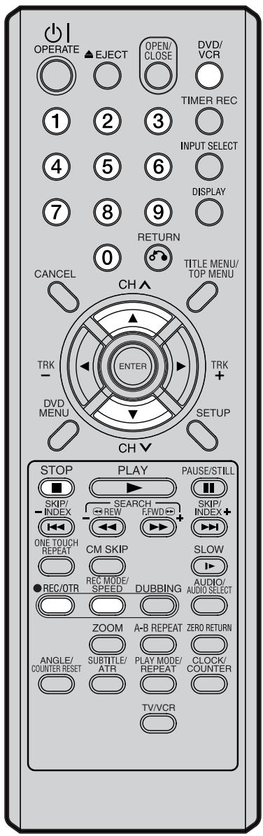 OPERATE ▲EJECT OPEN/ CLOSE DVD/VCR 1 2 3 TIMER REC 4 5 6 INPUT SELECT 7 8 9 DISPLAY 0 RETURN CANCEL TITLE MENU/TOP MENU CH ▲ TRK ENTER TRK + DVD MENU SETUP CH ▼ STOP PLAY PAUSE/STILL SKIP/ INDEX SEARCH SKIP/ - REW F/FWD + ONE TOUCH REPEAT CM SKIP SLOW ● REC/OTR REC MODE/ SPEED DUBBING AUDIO/ AUDIO/ AUDIO SELECT ZOOM A-B REPEAT ZERO RETURN ANGLE/COUNTER RESET SUBTITLE/ ATR PLAY MODE/ REPEAT CLOCK/COUNTER TV/VCR