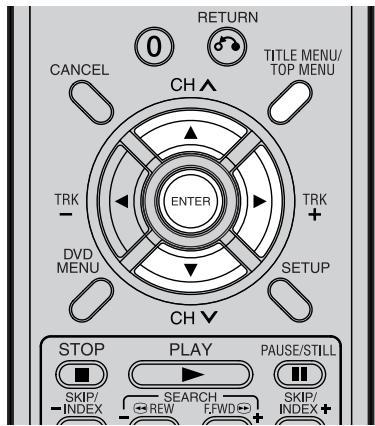 RETURN 0 TITLE MENU/ TOP MENU CANCEL CH TRK - ENTER TRK + DVD MENU SETUP CH STOP PLAY PAUSE/STILL SKIP/ INDEX SEARCH REW F.WFD SKIP/ INDEX+ -