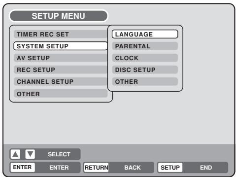SETUP MENU TIMER REC SET LANGUAGE SYSTEM SETUP PARENTAL AV SETUP CLOCK REC SETUP DISC SETUP CHANNEL SETUP OTHER SELECT ENTER ENTER RETURN BACK SETUP END