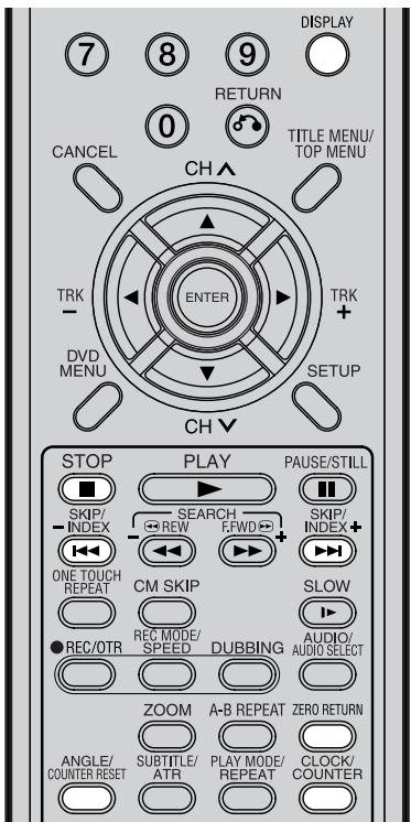 DISPLAY 7 8 9 RETURN 0 TITLE MENU/ TOP MENU CANCEL CH TRK ENTER TRK + DVD MENU SETUP CH▼ STOP PLAY PAUSE/STILL SKIP/ INDEX SEARCH SKIP/ INDEX REW F.WFD INDEX + ONE TOUCH CM SKIP SLOW REPEAT REC MODE/ DUBBING AUDIO/ ● REC/OTR SPEED SPEED AUDIO/AUDIO SELECT ZOOM A-B REPEAT ZERO RETURN ANGLE/ COUNTER RESET SUBTITLE/ PLAY MODE/ CLOCK/ ATR REPEAT COUNTER
