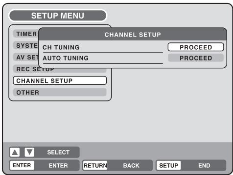 SETUP MENU TIMER CHANNEL SETUP SYSTEM CH TUNING PROCEED AV SET AUTO TUNING PROCEED REC SETUP CHANNEL SETUP OTHER SELECT ENTER ENTER RETURN BACK SETUP END